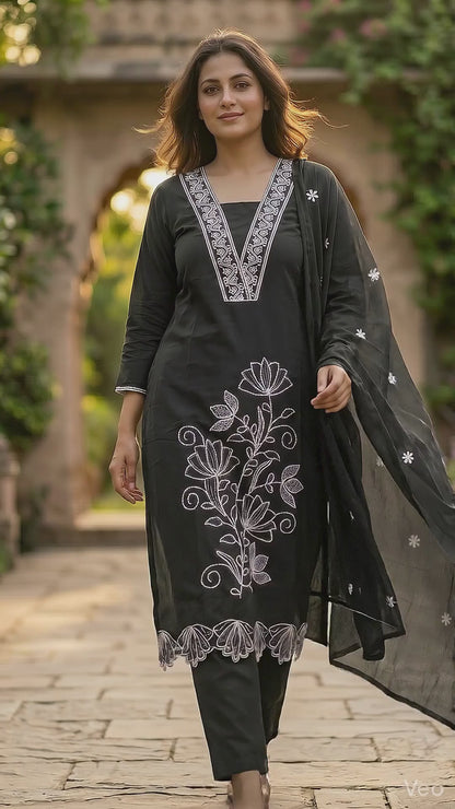 Amthi Women's Black Pure Cotton Embroidered Straight Kurta with Trousers and Dupatta Set