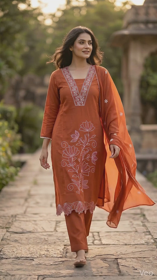 Amthi Women Rust Floral Embroidered Pure Cotton Kurta with Trousers & Dupatta