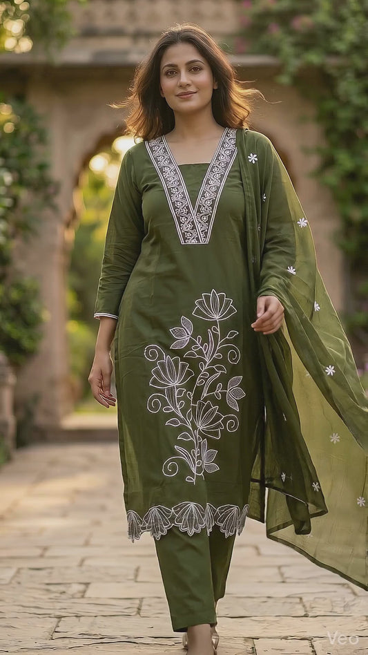 Amthi Women's Olive Green Floral Embroidered Pure Cotton Kurta Set