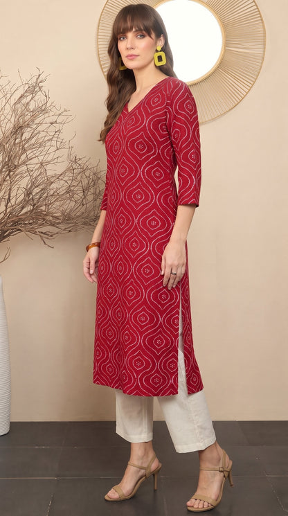 Amthi Maroon Bandhani Print Straight Kurta| Rayon Daily Wear Kurti For Women