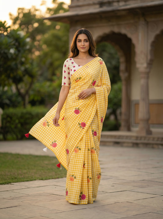 Amthi Yellow Checkered Linen Saree with Floral Motif Print and Contrast Blouse
